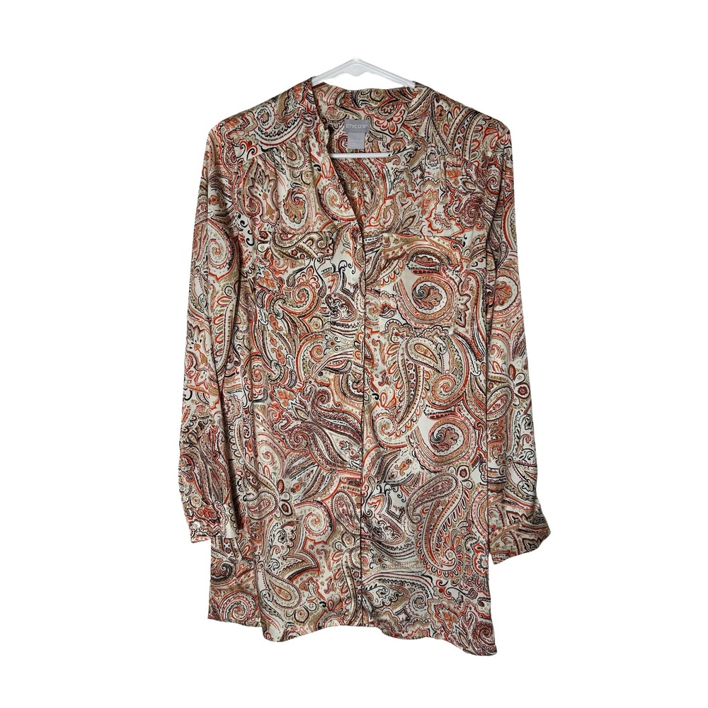 Chicos Orange Paisley Button Down Tunic Top Long Sleeve Size 0 US‎ 4/6 Collared